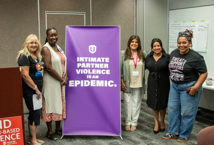 Unifor team along with panelists Shahnaz Rahman, Emmy Skates, and Angela Marie MacDougall